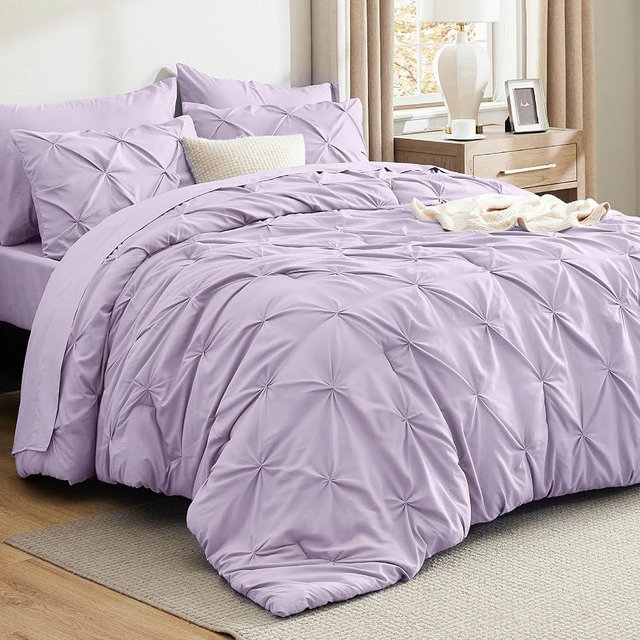 Bedsure King Size Comforter Set Light Purple - Bed in a Bag King Size 7 Pieces, GentleSoft™ Pintuck Bed Set Gift for Family, Pinch Pleat Light Purple Comforter with Sheets, Pillowcases & Shams
