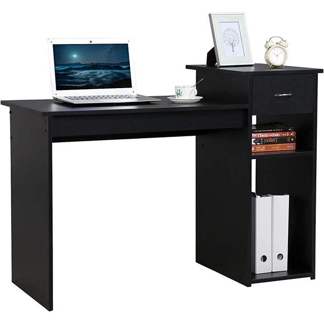 YAHEETECH Home Office Computer Desk Wooden PC Laptop Desk, Modern Simple Style Computer Workstation Study Writing Table with Storage Drawer, Computer Desk with Monitor Stand, Black