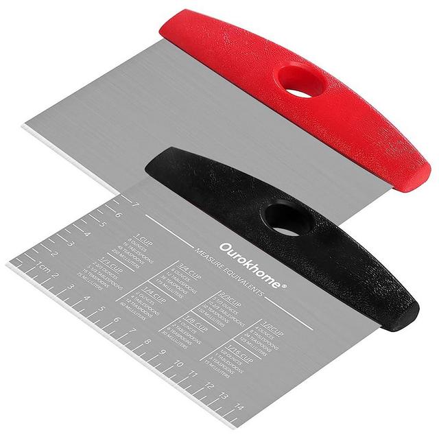 Pastry Dough Bench Cutter Scraper, Ourokhome Stainless Steel Pizza Cutter, Anti-Wear Laser-Engraved Measuring Scale and Conversion Chart, Anti-Slip Handle, Dishwasher Safe, 2 pack (Black and Red)
