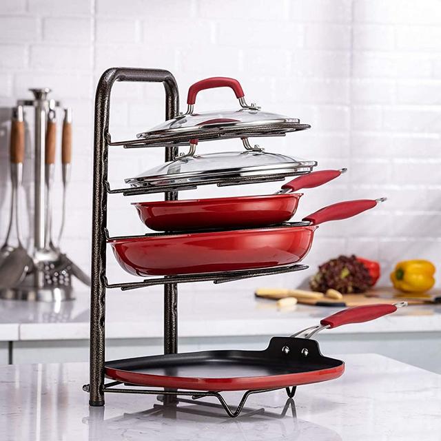 Pot Racks 5 Tiers Kitchen Pantry Pan and Pot Lid Organizer Rack Holder for Kitchen Counter and Cabinet (Bronze)