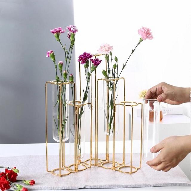 Gold Vases for Centerpieces - Glass Test Tube Vase for Flowers with Metal Hinged Plant Stand, Display Set Table Centerpieces Hydroponic Propagation for Wedding Table Home Decor