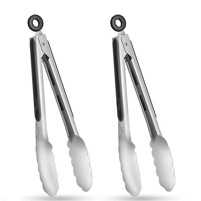 HOTEC Stainless Steel Kitchen Tongs Set of 2-9 inch, Locking Metal Food Tongs Non-Slip Grip (Black)