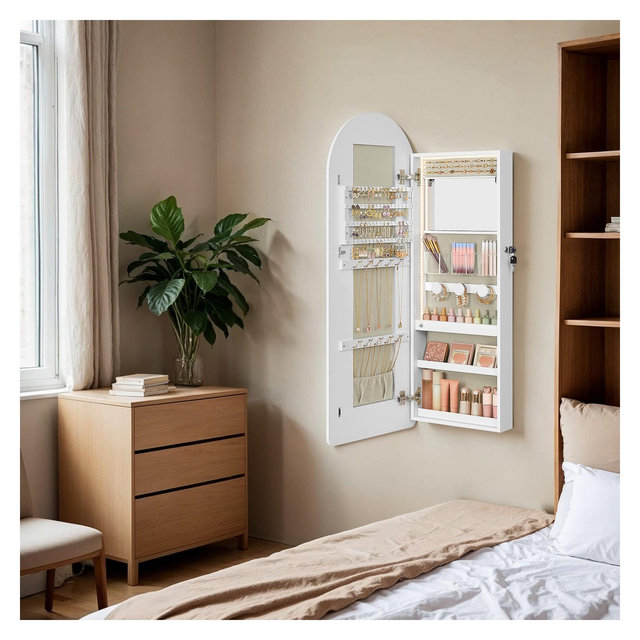 LEDREM Wide Jewelry Organizer, LED Jewelry Cabinet Wall/Door Mounted, Arched Mirror with Storage, Lockable, Rounded Corner, Cloud White
