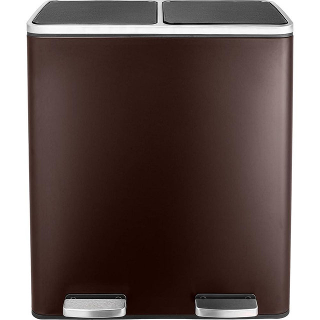 AthLike 60L(16 Gal) Dual Trash Can, Stainless Steel Kitchen Garbage Can, Double Compartment Classified Rubbish Bin, Recycle Dustbin w/Plastic Inner Buckets, Handle, Soft-Close Lid, Airtight, Brown