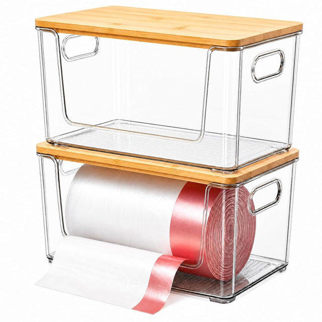 Siwoneni Trash Bag Holder 2 Pack, Stackable Garbage Bag Dispenser with Bamboo Lid, Extra Large Trashbag Dispenser for 13/30/33 Gallon Bags, Clear Organizer for Under Sink Kitchen Laundry Room