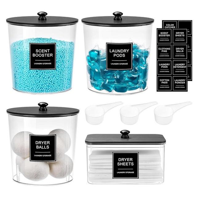 SACIOVEE Laundry Pods Container & Dryer Sheet Holder, Laundry Room Organization and Storage Jars with Lids, Labels & Scoops for Powder Detergent Scent Booster, Black Lid