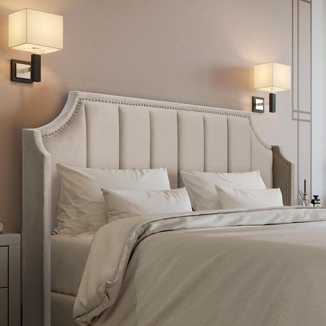 Lucky Monet Luxurious Headboard Queen Size with Wingback, Velvet Upholstered Tufted Headboard with Nailhead Decor for Bed, Adjustable Height Curved Head Board Vertical Channel Design (Beige)