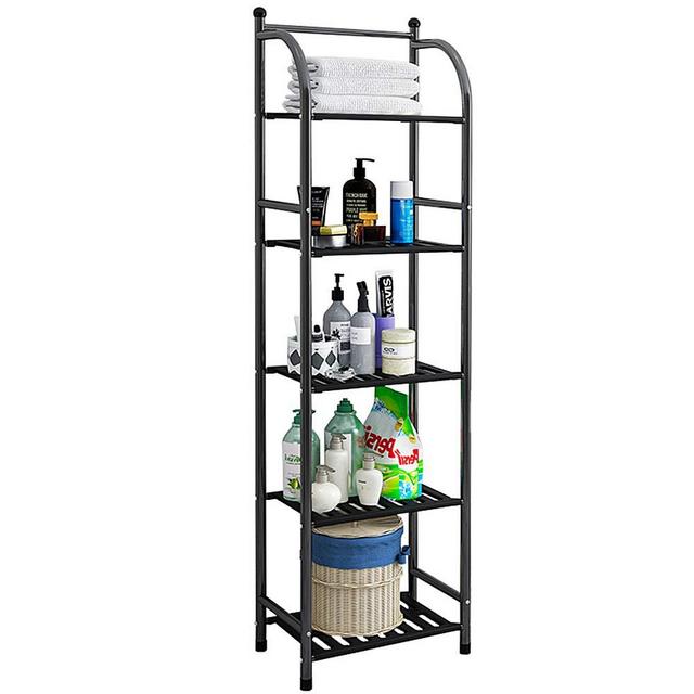 FKUO 5 Tier Bathroom Storage Open Shelf Unit, Free-Standing Metal Corner Rack Shelving for Kitchen, Living Room, Hallway (Black, 5 Tier)