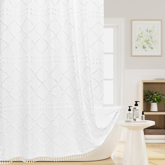 Craidlela Boho White Woven Fabric Shower Curtain with Tassel 72 x 72 Modern Farmhouse Minimalist, Bohemia Tufted Chevron Striped Chic Textured, Waterproof Cloth Curtain for Bathroom, Hotel Decor