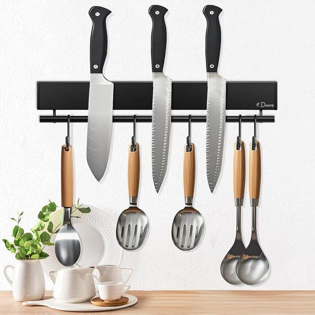Dmore magnetic knife holder for wall—with 5 hooks, No Drilling 12 Inch black knife magnetic strip, Extra Strong Magnet knife rack, include Adhesive Tape and screws for Knives and Tools