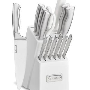 Cuisinart Block Knife Set, 15pc Cutlery Knife Set with Steel Blades for Precise Cutting, Lightweight, Stainless Steel Durable & Dishwasher Safe, White