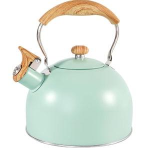 GGC Tea Kettle for Stove Top, 85OZ/2.6QT Whistling Tea Kettles for Boiling Water Milik or Coffee, Green Stainless Steel Tea Pots with Wood Pattern Folding Handle, Thumb Design Control Kettle Outlet