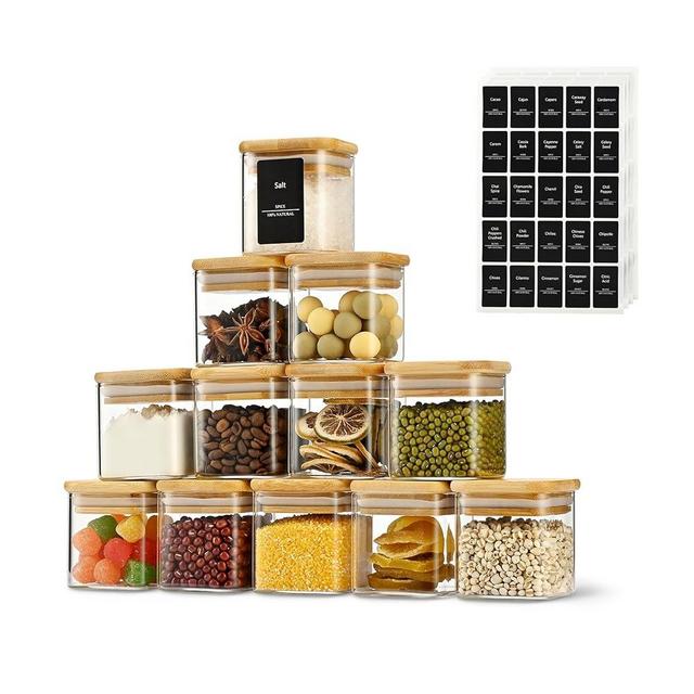 D2scrma 5oz Airtight Square Spice Containers with Bamboo Lid Set of 12 with Black Lables Storage Stackable Spice Jar, Kitchen Canister for Sugar, Tea, Flour, Salt and Seasonings (‎Clear Glass)