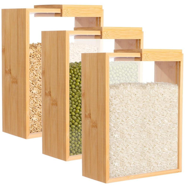 NIMBLOOM 3 Pcs Wooden Cereal Storage Boxes, 8.7 x 6.8 x 3.1 in Dry Food Dispenser with Slide Lid, Visible Window, Wood Food Storage Container for Kitchen, Pantry Organization