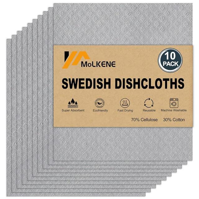 MoLKENE Swedish Dishcloths for Kitchen | 10 Pack Absorbent Cellulose Sponge Cloths Washable | Non-Scratch Reusable Paper Towels Quick Drying Cleaning Rag - Grey