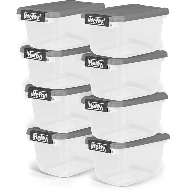 Hefty 6.5 Qt Flat-Lid Storage Bin with Lid, Stackable Plastic Storage Container, Organizer for Home, Office & Classroom, 8 Pack, Gray