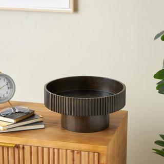 Ribbed Wood Decorative Bowl with Elevated Base