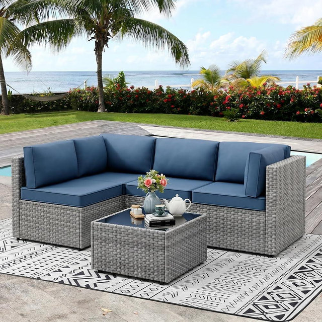 Vongrasig 5 Pieces Outdoor Sectional Furniture, All-Weather Rattan Patio Furniture Set, Wicker Patio Sectional Couch with Cushion, Glass Table, Navy Blue