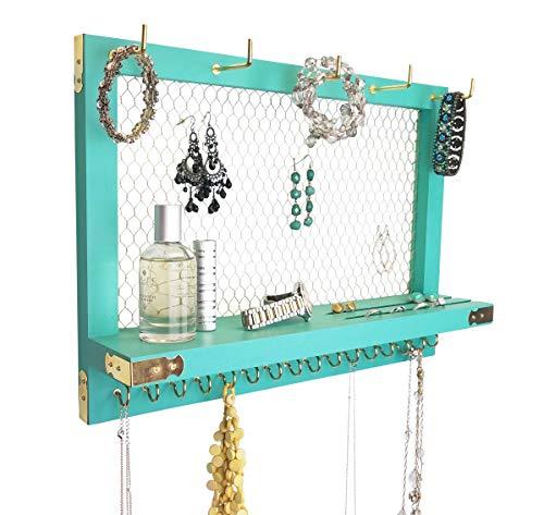 Large Teal Turquoise Blue Farmhouse Vintage Wall Mounted Hanging Jewelry Organizer, Perfect Holder for Earrings Necklaces Bracelets-Gold Chicken Wire, Present for Women, Wife, Mom, Girlfriend