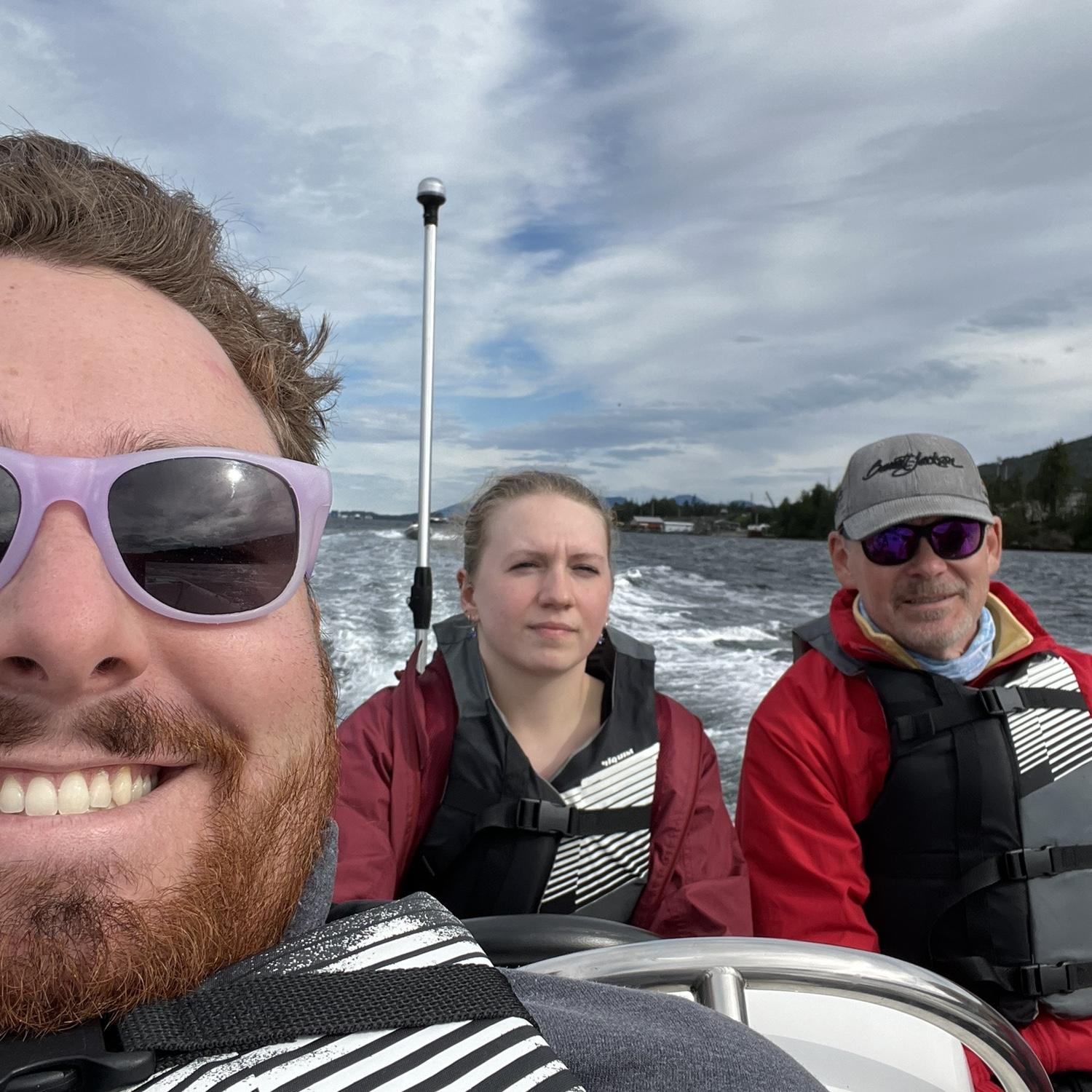 Madi driving a Zodiac boat in Alaska. Notice the concentration as she navigated the treacherous Alaskan waters…