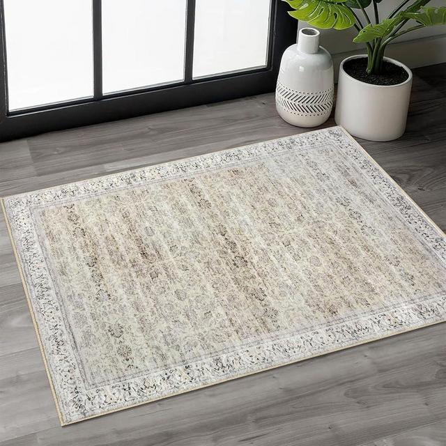 Siiloom 2x3 Beige Washable Rug Soft Area Rug for Entryway, Non-Slip Indoor Door Mat Distressed Floral Low-Pile Kitchen Rugs, Neutral Vintage Carpet for Entrance Kitchen Bedside Farmhouse
