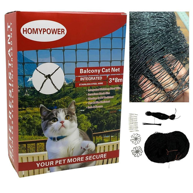HOMYPOWER Cat Netting Balcony,10x26 ft Stainless Steel Reinforced Bite Tear UV and Weather-Resistant Anti-Fall Netting for Pets, Safety Net for Cat, Small Catio for Apartment Balcony Protection