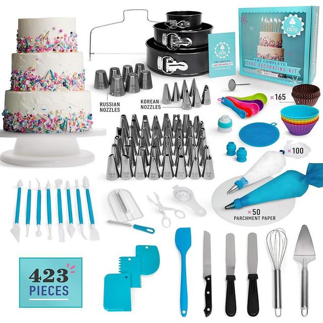 423-Piece Deluxe Cake Decorating Set - Unleash your pastry potential, premium Rotating Cake Turntable, extensive 48 Piping Tips, cutting-edge 7-Russian and 7-Korean Nozzles, 3 Springform Pans