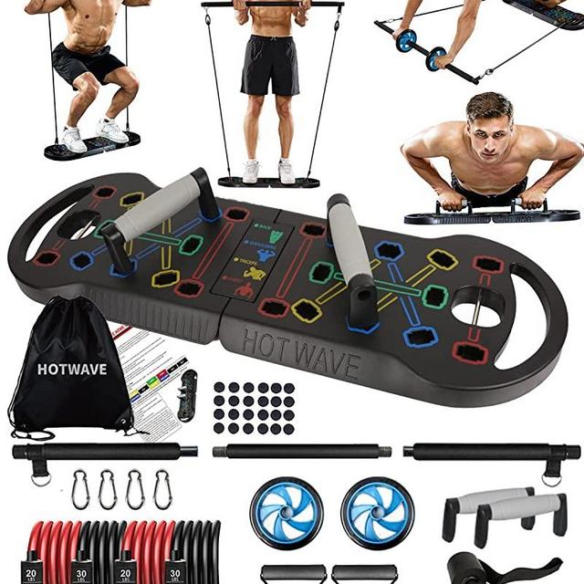 HOTWAVE Portable Exercise Equipment with 16 Gym Accessories.20 in 1 Push Up Board Fitness,Resistance Bands with Ab Roller Wheel,Pilates Bar. Strength Training for Man,Full Body Workout Machine at Home