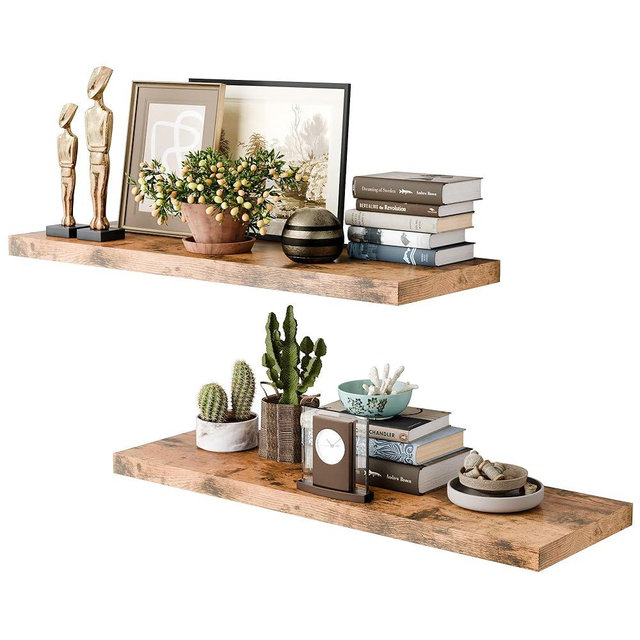Sumbame 36 Inch Long Floating Shelves for Wall, Rustic Brown 12 Inch Deep Floating Shelves Set of 2, Wall Shelves for Bathroom Over Toilet, Live Edge Display Shelf with Invisible Brackets, Home Decor