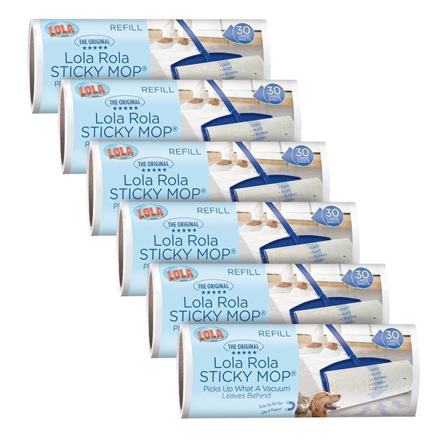 Lola Rola Sticky Mop Refills, Giant Adhesive Roller, 180 Sheets, Traps Dirt, Dust & Hair, Pet Hair Remover, Floor & Carpet Cleaner, 6 Pack
