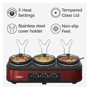 Sunvivi Triple Slow Cooker Buffet Servers and Warmer,3 Pot Food Small Mini Manual Slow Cooker with Adjustable Temp Stainless Steel Lid Rests,Removable Ceramic Pot, 3 * 1.5 Quarts Red