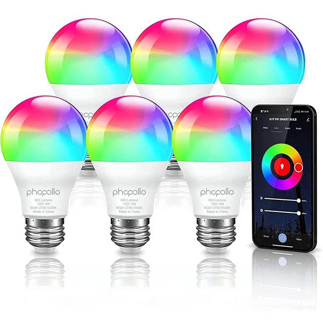 phopollo Smart Light Bulbs, RGBW WiFi Multicolor Led Light Bulbs Compatible with Alexa & Google Home Assistant, A19 E26 9W 60W Equivalent 800Lumen, App Control, No Hub Required, 6 Pack