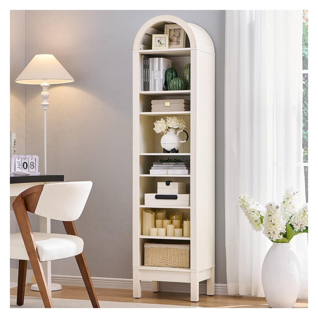 SinCiDo 71" Arched Bookshelf, 8 Tiers Bookshelf Storage Cabinet w/Adjustable Shelves, Wood Bookshelf w/Open Display Shelf for Home Office, White