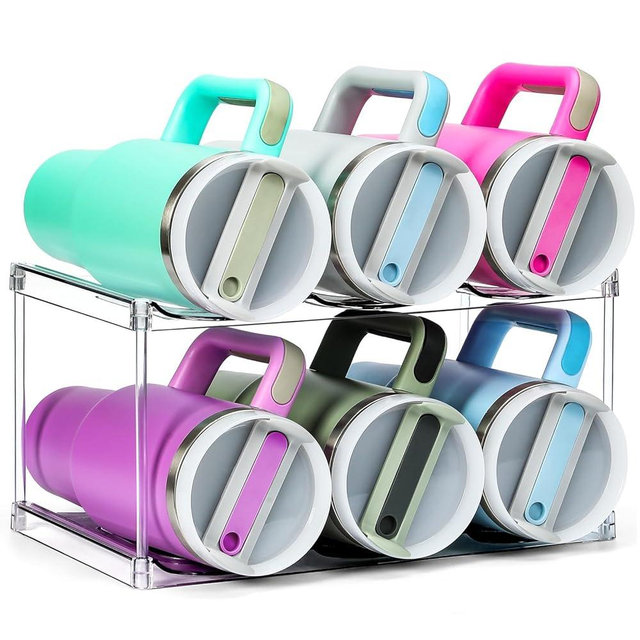Design for Stanley 40 OZ & Large Bottles & Tumblers with Handle, Acrylic Water Bottle Organizer - Stackable Clear Wine Rack, Cup Holder for Home Kitchen Pantry Shelf Countertop Cabinet, 2 Tier Hold 6