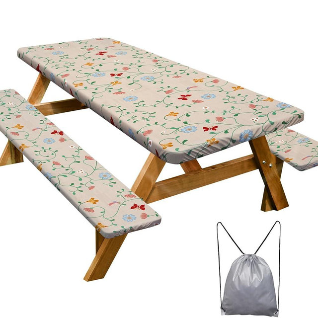 Picnic Table Cover with Bench Covers Camping Essentials Waterproof Windproof Camping Tablecloth with Drawstring Bag, Fitted Rectangle Tables and Seats, 72in, Tawny