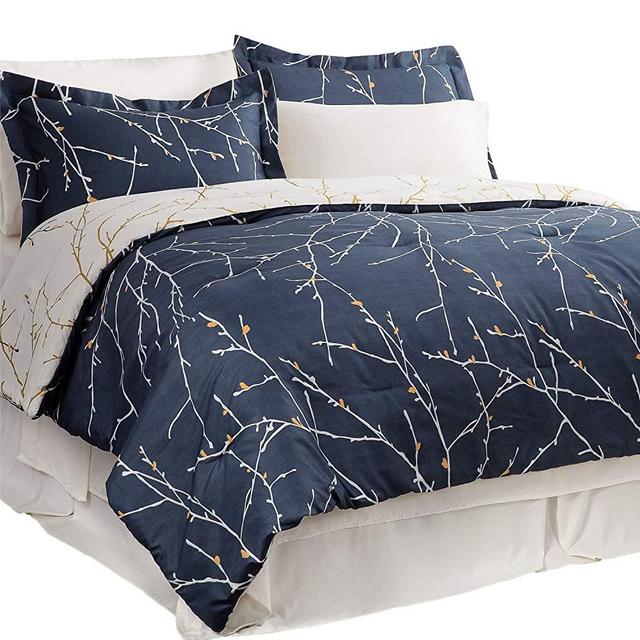Bedsure Bed in A Bag 8 Pieces King Size, All Season Tree Branch Floral Pattern - Navy/Ivory Bed Comforter Set (1 Comforter, 2 Pillow Shams, 1 Flat Sheet, 1 Fitted Sheet, 1 Bed Skirt, 2 Pillowcases)