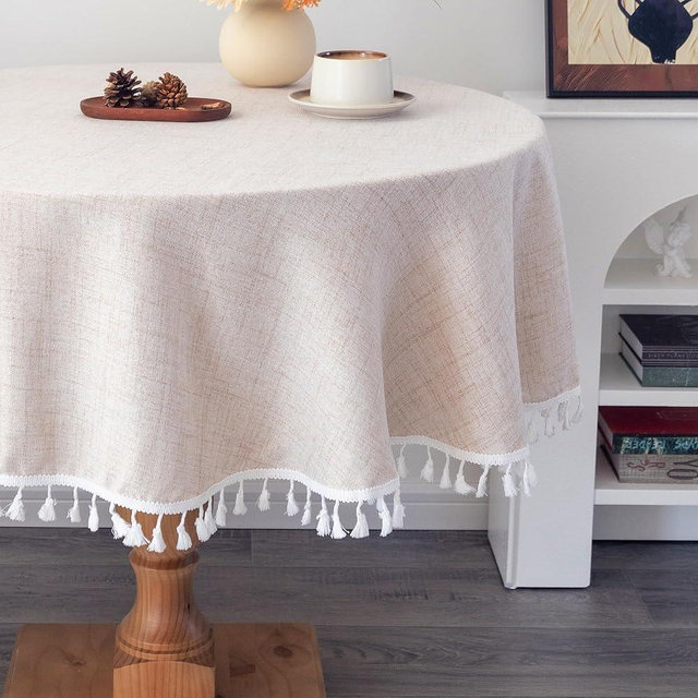 YZKITM Linen Round Tablecloth 52 Inch Beige Washable Wrinkle Resistant Table Cloths with Tassels Farmhouse Decorative Burlap Fabric Table Cover for Wedding Camping Party Holiday