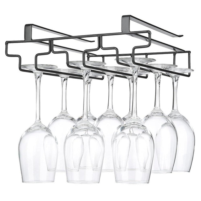 Wine Glass Rack Under Cabinet Drilling Free No Screw Steamware Holder Under Shelf Metal Wine Glasses Holders 304 Stainless Steel Hanger Storage Organizer Hanging Glass Fit for Bar Kitchen 3 Rows Black