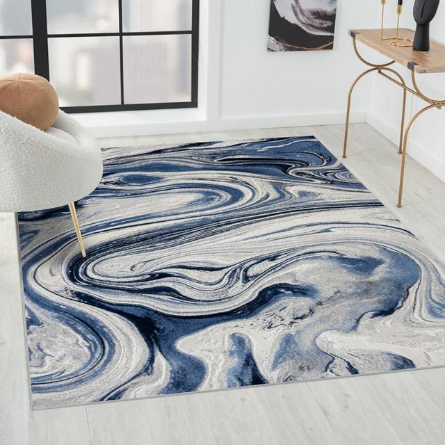 LUXE WEAVERS Marble Collection Blue Area Rug 6x9 Modern Abstract Clouds Swirl Bohemian Living Room Carpet