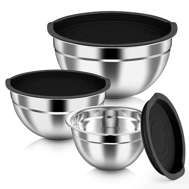 HaWare Mixing Bowls with Airtight Lids, 6-Piece Stainless Steel Salad Bowls, Strong Nesting Bowls for Cooking, Prepping, Baking, Serving & Food Storage, Stackable Design, Size 4.6, 3, 1.5QT, Black