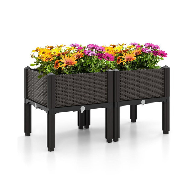 SKONYON 2 Set Elevated Plastic Raised Garden Bed Planter Kit for Flower Vegetable Grow-Brown
