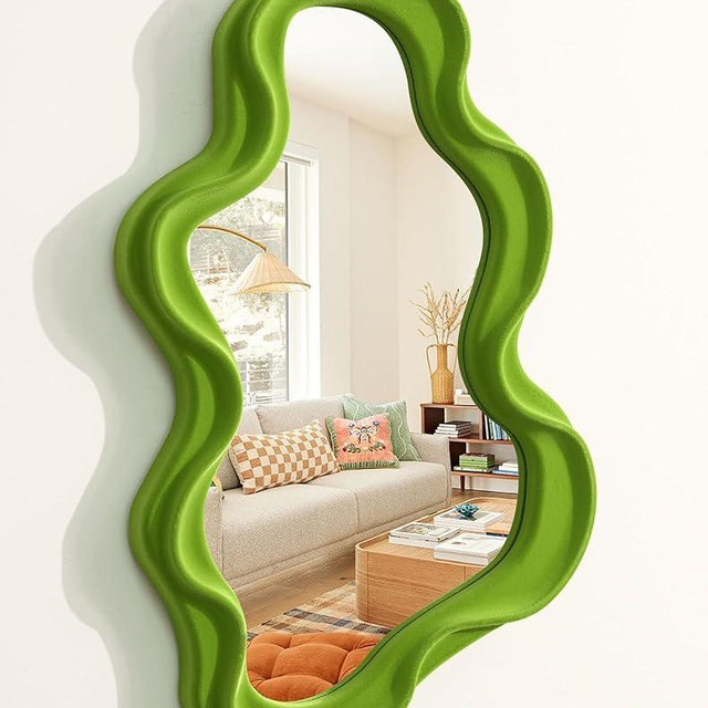 TEIPAI Living Room Mirrors for Wall Decor, Soft Velvet Wall Mounted Cloud Mirror for Girl Teen Women Bedroom Decoration, Cute Hanging Sculpture Home Accent for Dining Room Kitchen (Lawn Green)