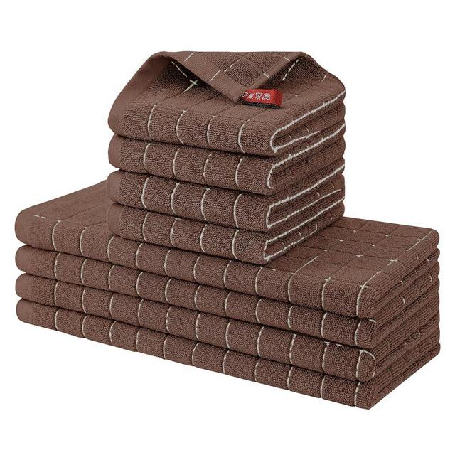 Homaxy Kitchen Towels and Dishcloths Set, 12 x 12 and 13 x 28 Inches, Set of 8 Bulk Cotton Terry Kitchen Towels Set, Checkered Designed, Soft and Super Absorbent Dish Cloths, Brown