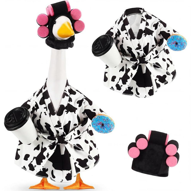 Shyyween Lady Porch Goose Outfit for 23'' Cement Plastic Lawn Goose Statue Clothes Cow Pattern Bathrobe Coffee Cup Curlers for Outdoor Garden Yard Patio Decoration