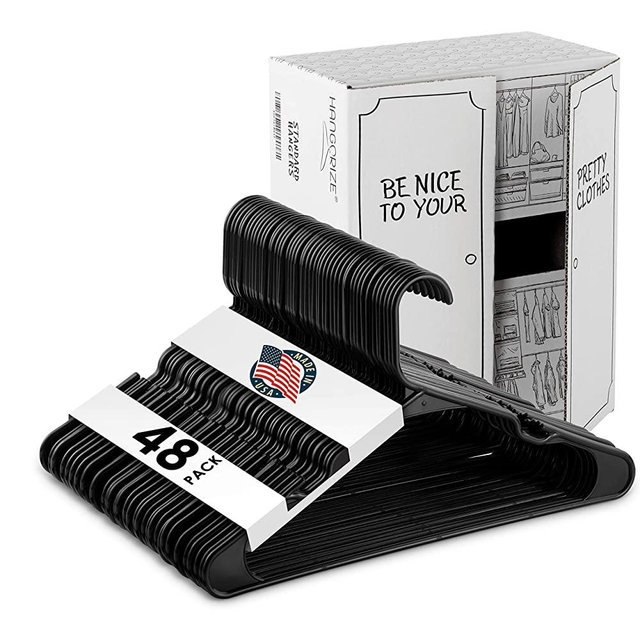 Black Standard Plastic Hangers, Notched, Set of 48 Durable and Slim, Notched, Made in The USA (Black, 48 Pack)