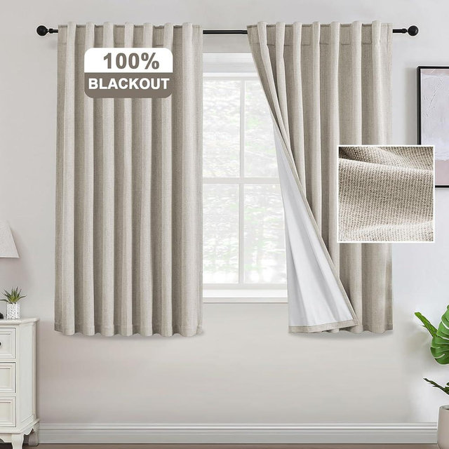 Turquoize Linen Natural Cream Beige Blackout Curtains 63 Inch Length Chenille Curtains 100% Light Blocking Thermal Insulated Room Darkening Curtains for Bedroom Black Out Window Drapes, Natural