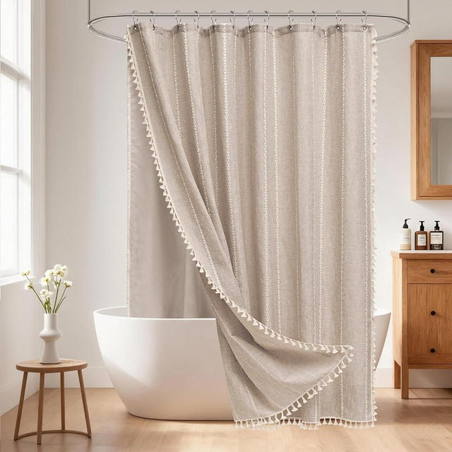 Seenus Boho Farmhouse Shower Curtain and Fabric Liner Set, Heavyweight Linen Textured Fabric Shower Curtain Taupe with Tassels, 2 in 1 Waterproof Fabric Shower Curtain Set for Bathroom, 72x72 Inch