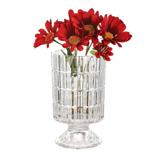 VanEnjoy Pedestal Base Glass Vase Wide Mouth vases for Flowers, Embossed Flower Vase Decorative for Home Office Wedding Holiday Party - 9 inches Stripe