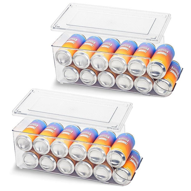SCAVATA 2 Pack Soda Can Organizer for Refrigerator for Tall Cans of 16oz & 17oz, Stackable Beverage Cans Container Holder Dispenser with Lid for Fridge Pantry Rack Freezer, Clear Plastic Storage Bins