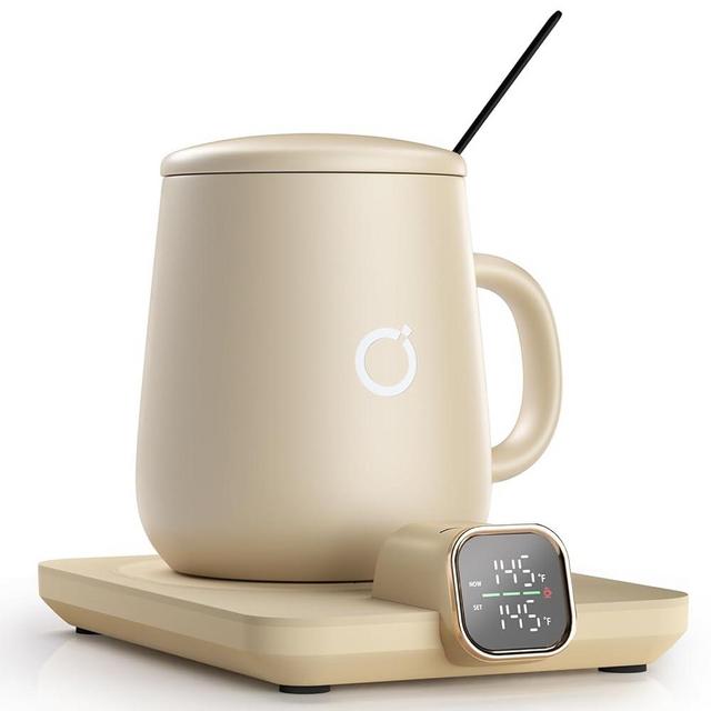 ikago Heated Coffee Mug Warmer & Mug Set - Heated Mug Warmer Plate with Auto Shut Off, 1°F Precise Temperature Control Electric Coffee Warmer for Desk, Unique Birthday Gifts for Women and Men, Beige